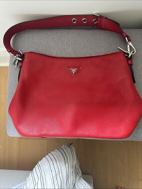 Prada Vibrant Red Pebbled Leather Shoulder Hobo